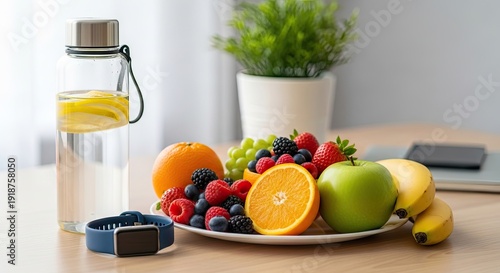 Fresh fruit and healthy drink on a kitchen counter
