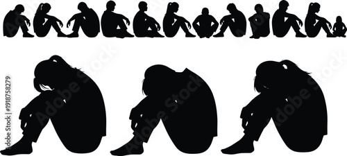 Depressed people silhouettes collection, sad woman sitting alone figures isolated on white background, mental health emotional concept illustration