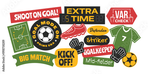 Set of Soccer or football stickers collection. Soccer sports badge, logo, patch.