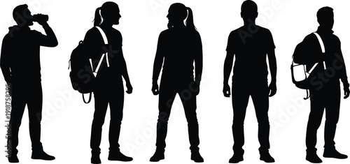 Student silhouettes set, young men and women with backpacks isolated on white background, modern lifestyle vector illustration