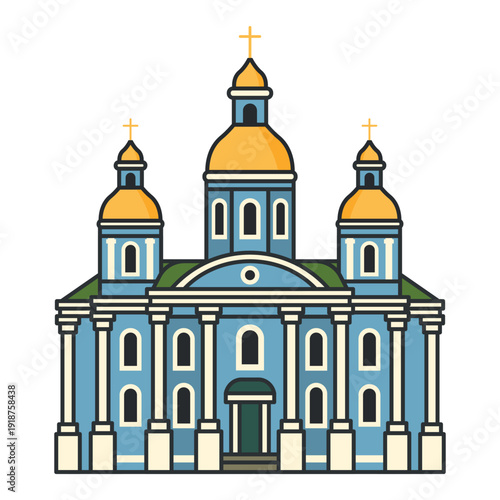 Historic orthodox cathedral with golden domes and classical columns. Illustration. Object isolated on white background.