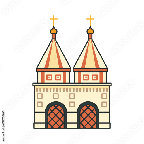 Historic orthodox gate church with twin tent roofs and crosses. Illustration. Object isolated on white background.