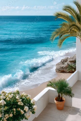 Balcony view overlooking tropical beach ocean waves