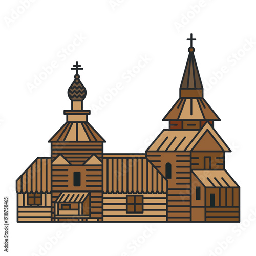 Wallpaper Mural Traditional wooden orthodox church with towers and crosses. Illustration. Object isolated on white background. Torontodigital.ca
