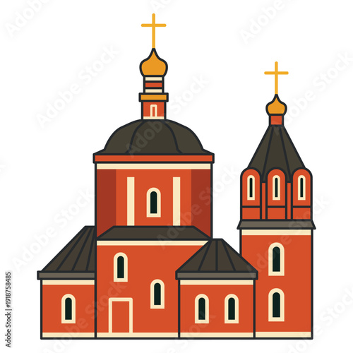 Historic red brick orthodox church with dome and bell tower. Illustration. Object isolated on white background.