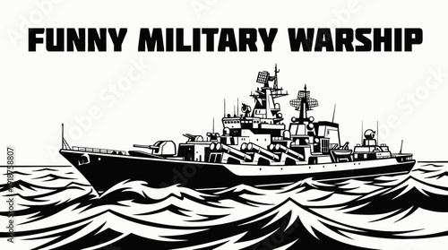 military warship boat vessel in deep ocean sea marine water defense waves horizon navigation black and white vector illustration