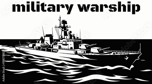 military warship boat vessel in deep ocean sea marine water defense waves horizon navigation black and white vector illustration