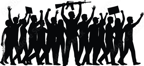 Protest crowd silhouettes with raised fists and rifle, demonstrators holding placards in rally, black vector illustration isolated on white background