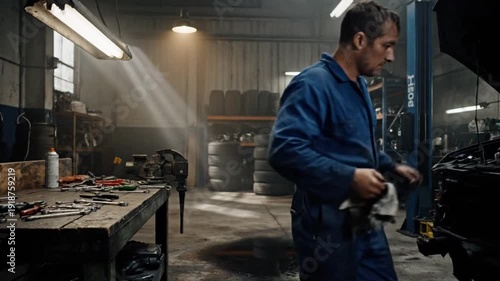 A skilled mechanic meticulously works on an automobile engine in a well-equipped, authentic repair shop, showcasing dedication and craftsmanship in the industry