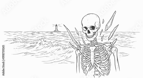 Skeleton emerging from water with broken bones.