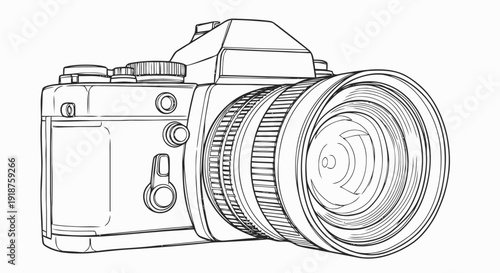 Detailed Sketch of a Vintage SLR Camera with Lens.