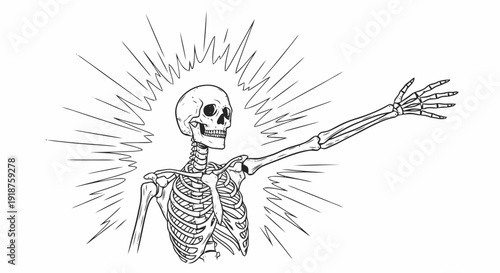 Skeleton reaching out with radiating light effect.