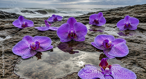 Purple orchids on wet rocks