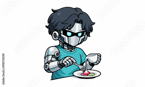 Robot chef preparing a colorful dish cartoon illustration