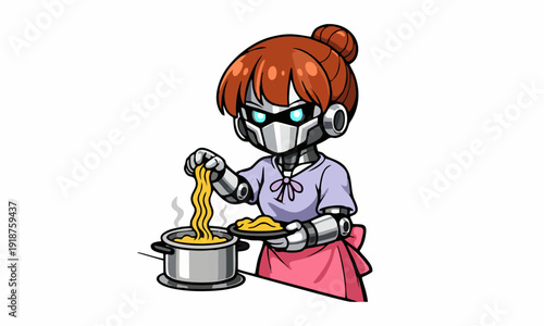 Robot chef preparing noodles cartoon illustration