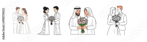 Set of Romantic couple engagement proposal holding flowers wedding vector