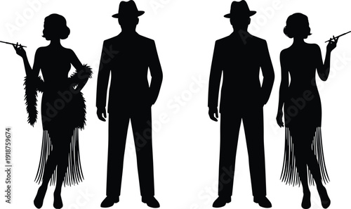 Roaring twenties flapper and gangster silhouettes, elegant fringe dress women and suited men with fedora hats, vintage noir vector illustration
