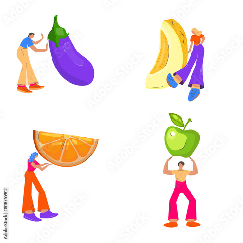 Vector illustration of people with food. Healthy eating only. Modern image of people with fruits and vegetables.