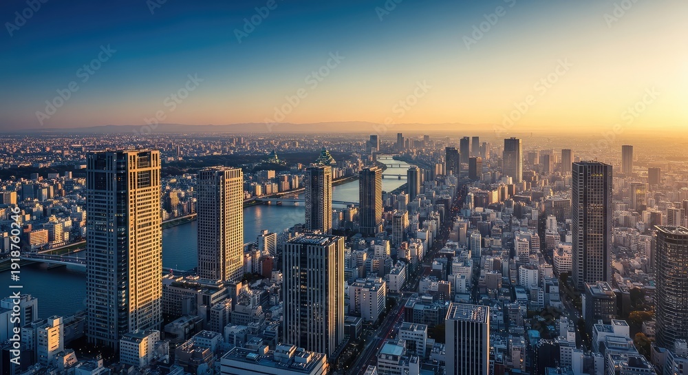 Obraz premium Modern Urban Landscape Golden Sunrise of a Thriving Metropolis High Rise Buildings in Cityscape at Dawn 110 chars