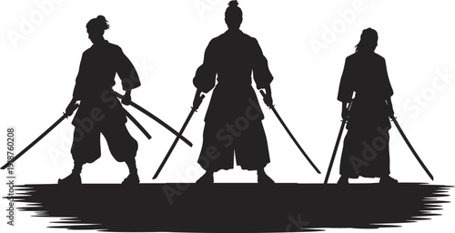 Samurai warrior silhouette set, Japanese swordsmen with katana in traditional armor, feudal Japan fighters, black vector illustration isolated
