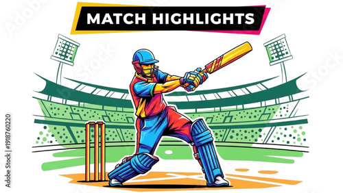 High-Quality Black Outline Colorful Art of a Cricket Batter Swinging a Bat, Match Highlights Sports Concept