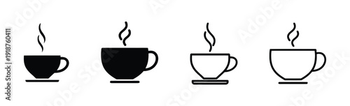 Coffee cup icons with steam, black and white variations