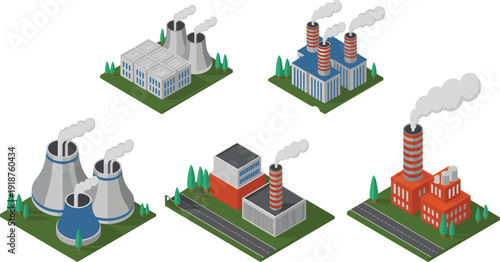 Isometric industrial power plants with cooling towers and smokestacks heavy factory buildings energy production illustration set