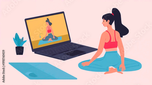 Woman practicing yoga on mat watching tutorial on laptop screen in a serene environment from a side viewpoint