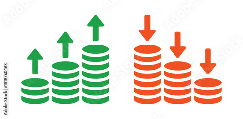 Coin stack icons showing financial growth and decline with arrows