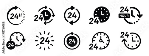 Collection of 24 hour clock and circular arrow icons symbolizing continuous service