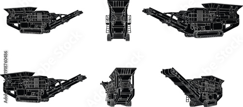 Technical, industrial, silhouette, set, of, heavy, duty, rock, crusher, machinery, conveyor, belts, cad, drawing, flat, vector, illustration, isolated, white, background.