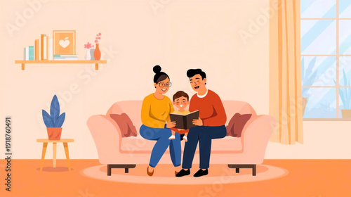 Family sitting together on a couch in a cozy living room scene illustration