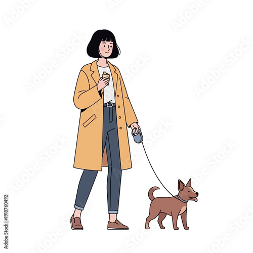 Woman walking dog on leash, holding coffee cup, wearing yellow coat and jeans
