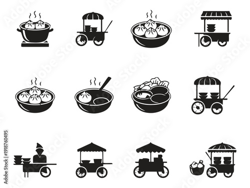 Collection of 12 black and white icons depicting food carts and steaming dishes