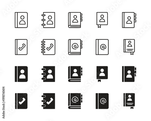 Collection of address book icons in outline and solid styles