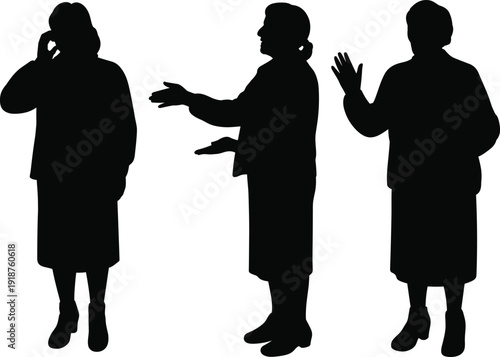 Senior woman silhouette set, elderly female standing and gesturing in conversation poses, mature people lifestyle collection, isolated black vector illustration