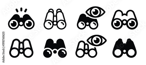 Collection of binocular icons in various styles, representing search and vision.