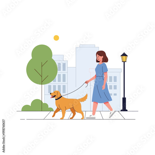 Woman walking golden retriever dog on leash in city park, sunny day