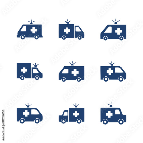 Collection of ambulance icons with plus symbol for emergency medical services