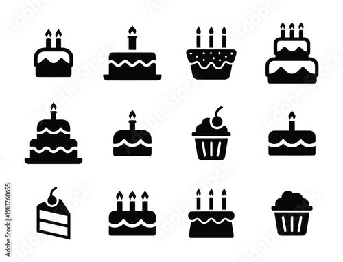 Collection of birthday cake icons with candles for celebration events and parties