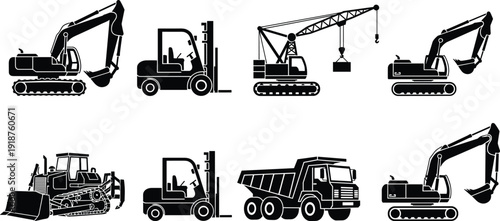 Construction, machinery, icons, set, with, excavator, forklift, crane, bulldozer, truck, heavy, equipment, cad, drawing, flat, vector, illustration, isolated, white, background.
