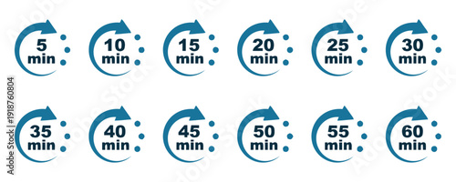 Collection of blue circular timer icons with numbers and minutes indicated