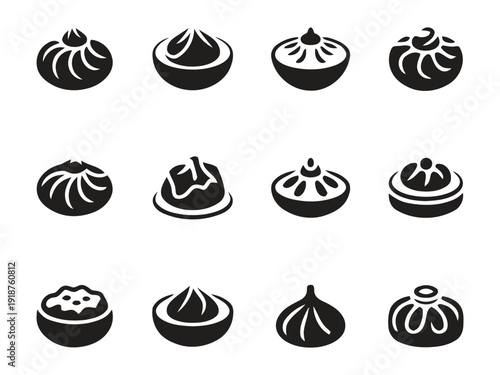 Collection of assorted dumplings and dim sum icons in various shapes