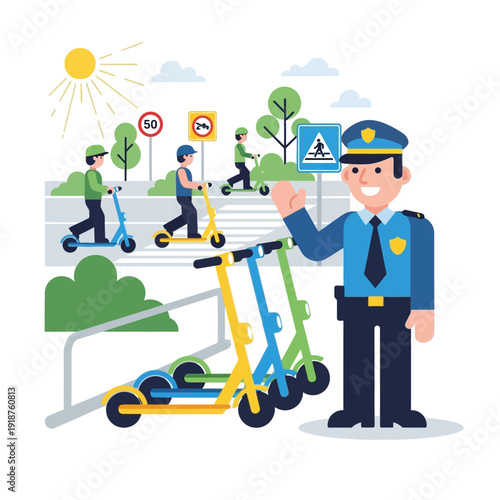 Police Officer Directing Traffic with Scooters and Pedestrian Crossing Sign