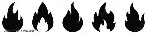Collection of black fire flame silhouettes and campfire icons for outdoor and safety graphics