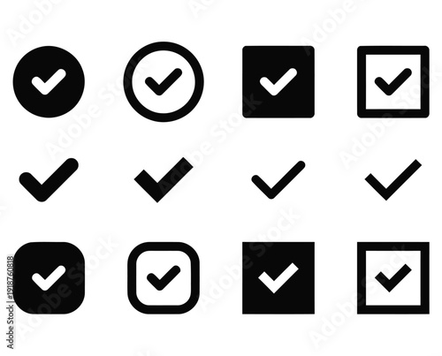 Collection of check mark and tick icons in circle and square shapes