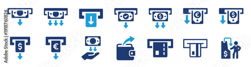 Collection of ATM machine icons depicting money transactions and currency types