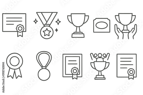 Collection of award and achievement icons including certificate medal trophy and ribbon