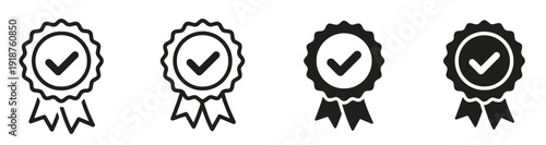 Collection of award rosette icons with checkmarks in black and white outline and filled styles
