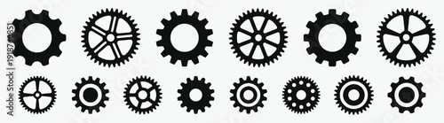Collection of black gear icons and symbols representing mechanical engineering and industry